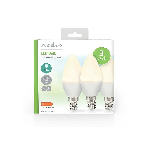 ΛΑΜΠΑ LED E14 CANDLE 4.9W, ΘΕΡΜΟ ΛΕΥΚΟ ΦΩΣ ΚΑΙ 470 LUMEN ΣΕ ΣΥΣΚΕΥΑΣΙΑ 3ΤΜΧ NEDIS LBE14C352P3