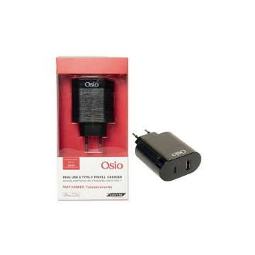 OSIO ΦΟΡΤΙΣΤΗΣ ΤΑΧΕΙΑΣ ΦΟΡΤΙΣΗΣ ΜΕ USB & TYPE C ΥΠΟΔΟΣΧΗ - (ΜΑΥΡΟΣ) (OTU-5904B)